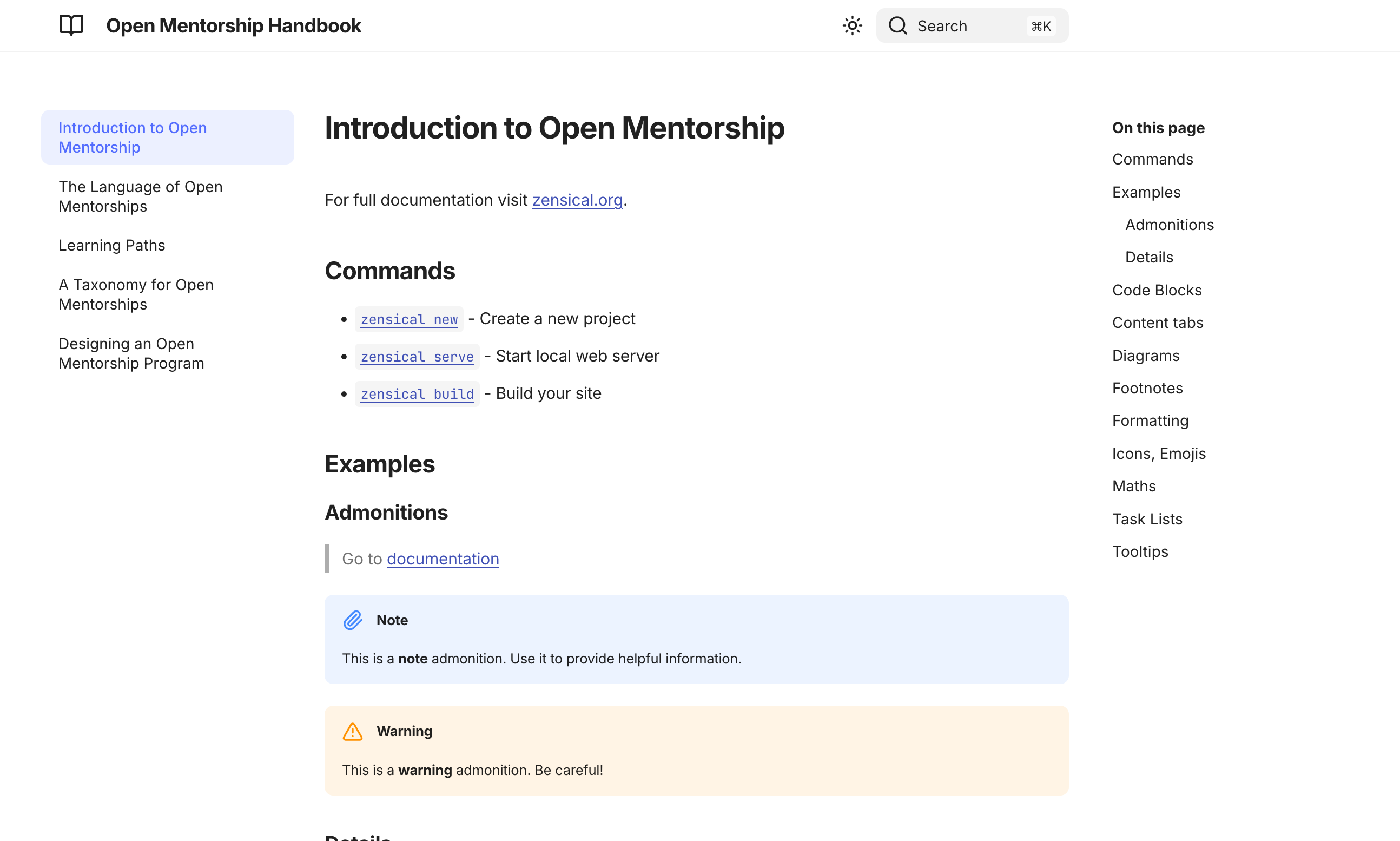 This image shows the front page of the Open Mentorship Handbook rendered with Zensical.