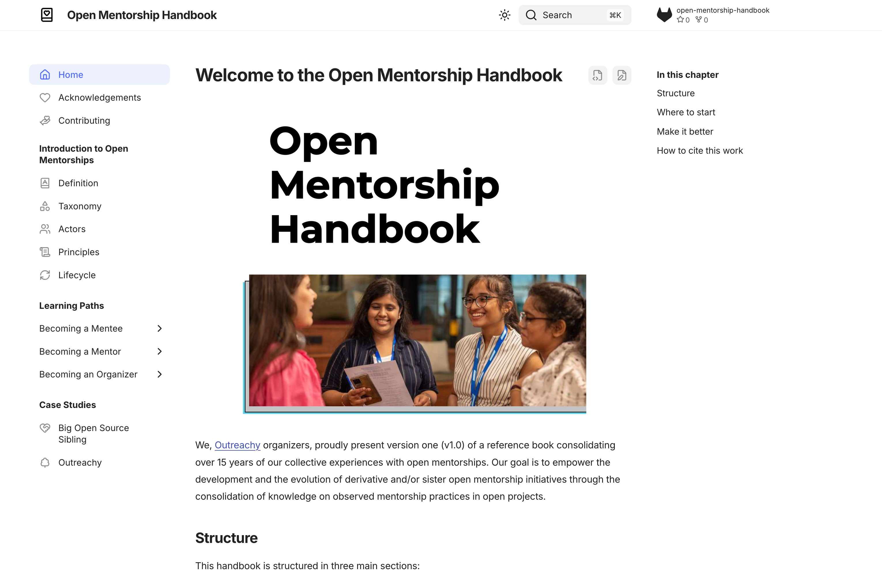 The homepage of the Open Mentorship Handbook